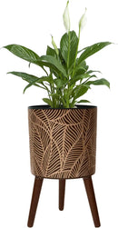 12inch Black Plant Pots for Indoor Plants Large Boho Flower Pot with Stand Modern Planters with Gold Floral Embossed Standing Planter with Drainage for Living Room, Office, Garden or Balcony