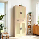 71" Tall Oak & Rattan Pantry Cabinet - Boho Chic Kitchen Storage with Doors & Drawer for Dining Room, Hallway or Kitchen Organization by CozyNest Decor