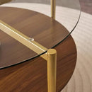 Round Coffee Table, Mid-Century Modern Design, D30“ x H17”, for Living Room, 2-Tier Structure, Clear Glass Top and Walnut MDF Shelf, Sleek Conical Metal Legs with Gold Finish by CozyNest Decor