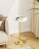 Masupu Drink Table, Round Side Table for Small Spaces, Pedestal Side Table, Small End Table with Metal Base, for Living Room, Bedroom, Bathroom, White Gold by CozyNest Decor