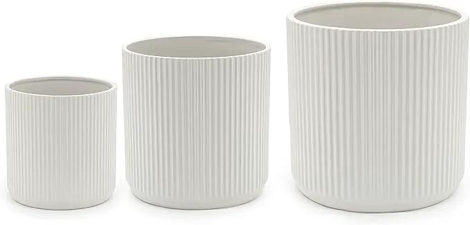 Amazon Basics Assorted Sizes Fluted Ceramic Round Indoor Outdoor Planters with Drainage, Set of 3, Modern Design, 6 inch, 8 inch, 10 inch, White
