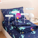 PERFEMET Toddler Bedding Set 4 Pieces Cartoon Dinosaur Planet Printed Bed in A Bag for Boys Girls Reversible Navy Blue Toddler Comforter with Sheet Set for All Season(Navy, Dinosaur/Planet/Rocket) by TinyTreasures Baby Boutique