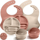 10 Pack Silicone Baby Feeding Set, Toddlers Led Weaning Feeding Supplies with Suction Baby Bowl Divided Plate Adjustable Bib Soft Silicone Spoon Fork, Infant Self Eating Utensil Set (Beige, Orange) by TinyTreasures Baby Boutique