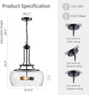 WUZUPS Chandelier Rustic Farmhouse Industrial Round Ceiling Pendant LED Light Fixture Clear Seeded Glass Shade for Dining Room Kitchen Island Foyer Entryway, H 20.9" x W 15.9", Black by CozyNest Decor