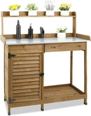 Garden Potting Benche Table Outdoor Wooden Work Station W/Metal Table top,Cabinet,Drawer,Large Bottom Shelf,Open Shelf Natural Wood-Brown-Brown by GreenHaven Gardens
