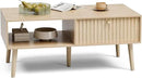Coffee Table with Storage, Boho Dining Table with Fluted Drawer and Solid Wood Legs, Small Coffee Tables for Living Room, Oak by CozyNest Decor