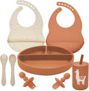 Silicone Baby Feeding Set, Baby Led Weaning Supplies, Baby Spoons Suction Divided Plate Bib Cup, First Stage Solid Food Eating Utensils - 6+ Months(Orange-Beige) by TinyTreasures Baby Boutique