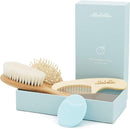 4 Piece Wooden Baby Hair Brush and Comb Set for Newborns & Toddlers in Chic Gift Box - Ultra Soft Natural Goat Hair and Wood Baby Brush Set Prevents Cradle Cap - Perfect Registry Gift (Blue) by TinyTreasures Baby Boutique