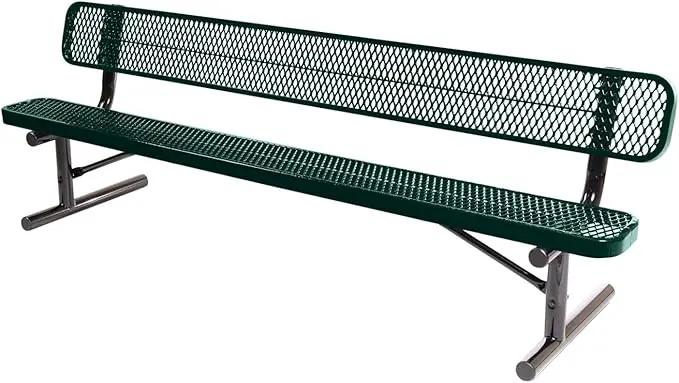 Heavy-Duty Portable Outdoor Bench Thermoplastic Coated, Expanded Metal, Commercial-Grade Seating, Made in America (Portable with Back, 8 Ft, Dark Green)