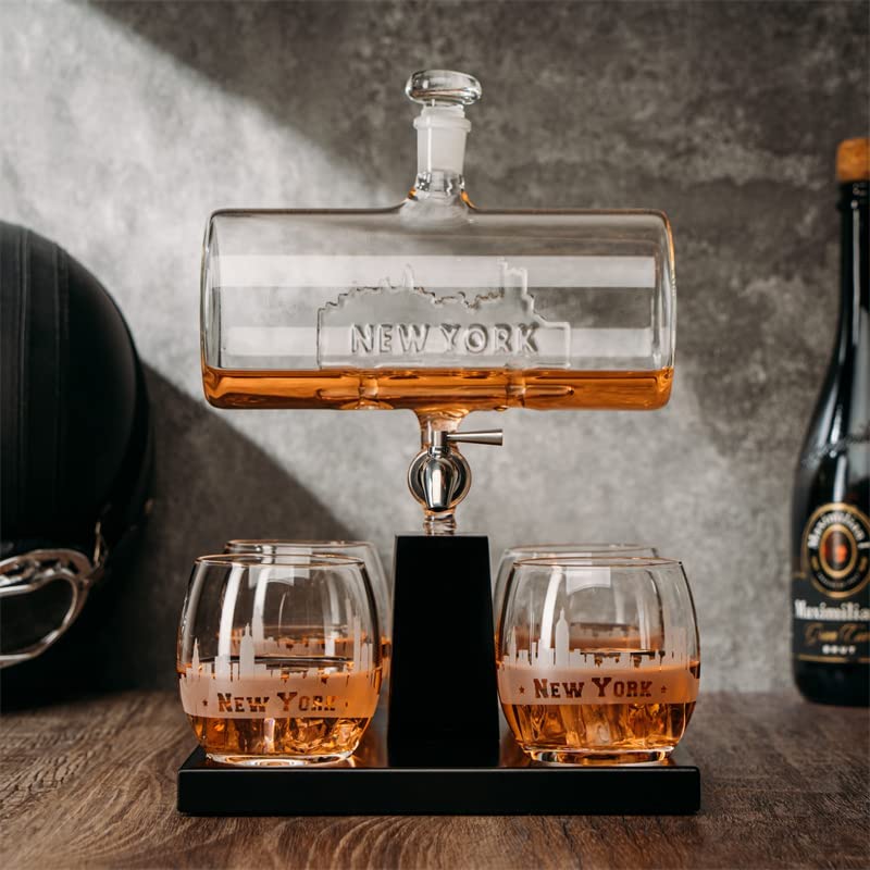 Wine & Whiskey Decanter Set 1100ml by The Wine Savant with 4 Whiskey Glasses, Drink Dispenser Scotch, Bourbon, Brandy Home Office Apartment Decor, Gifts - Dallas, Memphis, New York & Los Angeles Gifts