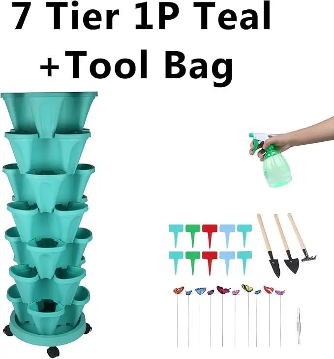 Vertical Planter, 7 Tier Stackable Strawberry Planter with Garden Tool Set, Movable Indoor/Outdoor Garden Herb Pot for Growing Vegetables and Succulents, Teal, photo 8 of 8
