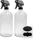Cornucopia 32oz Glass Spray Bottles (2-Pack, Clear); Quart Bottles w/ 3-Setting Adjustable Trigger Sprayers; Includes Chalk Labels by GreenHaven Gardens