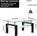 Glass Coffee Table for Living Room, 2 Layer Center Table with Clear Rectangle Tempered Glass Top Black Metal Leg, Mordern Home Office Furniture by CozyNest Decor