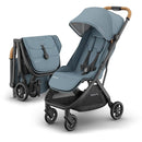 UPPAbaby Minu V3 Travel Stroller | Lightweight + Compact Design | One-Hand Fold + Unfold | from Birth + Overhead Compatible | Dillan (Stone Blue/Carbon Frame/Sand Leather) by TinyTreasures Baby Boutique