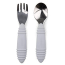 Bumkins Toddler Utensils, Kids Size Fork and Spoon Set, Silicone and Stainless-Steel Training Silverware, Angled Forks / Sporks for Self-Feeding, Children Hold Learning to Eat, 18 Months Up, Gray by TinyTreasures Baby Boutique