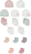15 Pack Unisex New Born Boy Girls No Scratch Mittens Sets Cotton Soft Baby Gloves Hats socks Accessory 0-6 Months by TinyTreasures Baby Boutique
