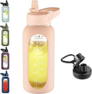 32 oz Glass Water Bottle with Straw and Handle, Sports Motivational Water Flask with Silicone Sleeve, Large Leakproof Water Flask Cup with Time Marker for Travel, Gym, Beige by CozyNest Decor