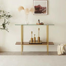 Glass Console Table for Living Room, Foyer & Entrance, 2-Tiers Mid-Century Modern Sofa Table with Clear Glass Top, Walnut Finish Wood Top and Gold Finish Metal Frame by CozyNest Decor