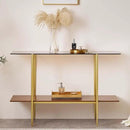 Extra Large Glass Console Table for Living Room, Foyer & Entrance, L47 x W16 x H31, Mid-Century Modern Sofa Table with Amber Glass Top, Walnut Finish Wood Top and Gold Finish Metal Frame by CozyNest Decor