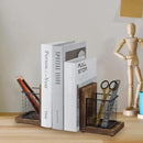 MyGift Rustic Burnt Wood Decorative Bookends for Heavy Books with Matte Black Metal Wire Basket Pencil Cup and Office Supplies Storage Baskets, 1-Pair by CozyNest Decor