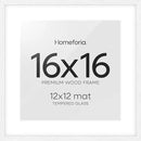 Homeforia 16x16 White Picture Frame, High End Oak 16 x 16 Square Wood Frames with Mat 12 by 12 inches Photo, 16by16 White Wooden Poster Frames Matted to 12x12 Print, Tempered Glass, Wall Kit, Set of 1 by CozyNest Decor