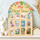 ORIGACH My First Year Baby Growth Photo Display Wood Board - 12 Months Newborn Milestones Photo Board - Neutral Baby Keepsake Board 1st Birthday Party Nursery Decor New Mom Gift - Tropical Leaves by TinyTreasures Baby Boutique