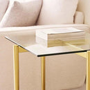 Glass End Table, Mid-Century Modern Design Sofa Table, for Living Room, 2-Tier Structure, Clear Glass Top and Walnut MDF Shelf, Sleek Conical Metal Legs with Gold Finish Frame by CozyNest Decor