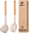 Silicone Pasta Fork and Ladle Spoon Set with Wooden Handle, Heat Resistant Non Stick Kitchen Utensils for Cooking, Stirring, Serving Spaghetti, Soup, Sauce(KHAKI) by CozyNest Decor