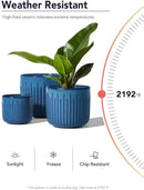 LE TAUCI Fluted Ceramic Planters Set of 3 – 8.3/7 / 5.7 in Ocean Blue Reactive Cylinder Indoor Plant Pots with Drainage Plug & Mesh, Glossy Stoneware Flower Pots for Succulents Herbs by CozyNest Decor