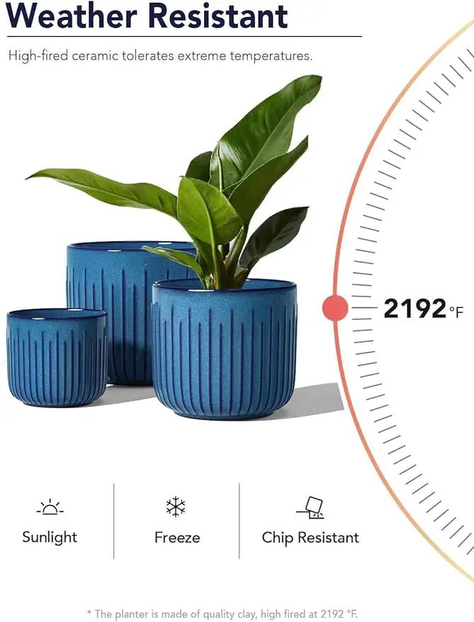 LE TAUCI Ceramic Pots for Plants, 8.3+6.9+5.7 inch Plant Pots Indoor, Flower Pots with Drainage Holes, Medium Cylinder Planters Pot for Indoor House Plants, Set of 3, Glaze Ocean Blue, photo 9 of 9