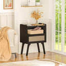 Lerliuo Rattan Nightstands Set of 2, Bedside Table with Drawer Open Shelf, Cane Accent Side End Table with Solid Wood Legs, Black Mid Century Night Stand for Bedroom, Dorm and Small Spaces by CozyNest Decor