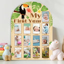 ORIGACH My First Year Baby Growth Photo Display Wood Board - 12 Months Newborn Milestones Photo Board - Neutral Baby Keepsake Board 1st Birthday Party Nursery Decor New Mom Gift - Toucan & Leaves by TinyTreasures Baby Boutique