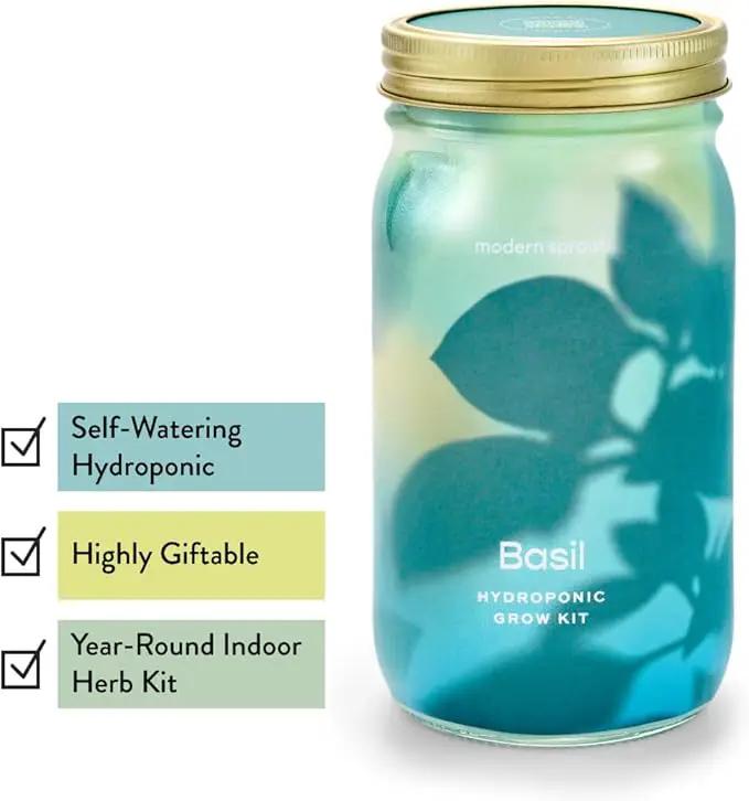 Modern Sprout Mason Garden Jar - Self-Watering Hydroponics Growing System Kit with Organic Herb Seeds - Jar Planter for Indoor Herb Garden - Seed Starter Kit - Home Decor & Gifting - Basil+Parsley, photo 2 of 5