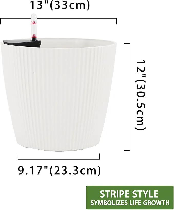 Dexceder 13x12 Self Watering Planters Indoor, Inner Mat Design, Floor Standing Flower Plant Pot with Water Level Indicator (2 Pack, White), photo 3 of 6