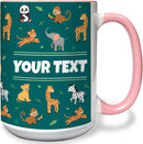 Personalized Mug for Kids - Zoo Animals - Custom Name/Text, Ceramic Hot Chocolate/Cocoa/Coffee Cup for Boys/Girls, Birthday/Christmas/Holiday Gift - 15 oz, Pink Handle by TinyTreasures Baby Boutique