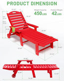 Chaise Lounge Chair Outdoor with Wheels, 6-Position Adjustable HDPE Chaise Lounge Chair with Cup Holder, Outdoor Chair for Pool Poolside Deck Backyard Patio, Red by GreenHaven Gardens
