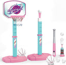 3 in 1 Basketball Hoop and Tee Ball Set for Girls: Baseball Tee with Automatic Pitching Machine Adjustable Height Outdoor and Indoor Sports Toys Christmas Birthday Gift for Kids Age 1-8 Year Old Pink by TinyTreasures Baby Boutique