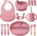 Silicone Baby Feeding Set 14 Pcs,Baby Led Weaning Supplies, Baby Spoons Suction Bowl Divided Plate Bib Cup Finger Brush,First Stage Solid Food Eating Utensils - 6+ Months(Deep Red) by TinyTreasures Baby Boutique