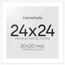 Homeforia 24x24 White Picture Frame, High End Oak 24 x 24 Square Wood Frames with Mat 20 by 20 inches Photo, 24by24 White Wooden Poster Frames Matted to 20x20 Print, Tempered Glass, Wall Kit, Set of 1 by CozyNest Decor
