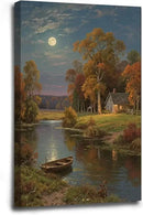 Small house by the stream under the moonlight tranquil style suitable for living room bedroom and office landscape poster wall art by CozyNest Decor