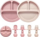 Silicone Feeding Set, 2 Pack Divided Toddler Plates with Suction, 2 Pack Utensils - Spoons & Forks, BPA Free, Baby Led Weaning Supplies by TinyTreasures Baby Boutique