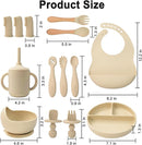 Silicone Baby Feeding Set 14 Pcs,Baby Led Weaning Supplies, Baby Spoons Suction Bowl Divided Plate Bib Cup Finger Brush,First Stage Solid Food Eating Utensils - 6+ Months(Beige) by TinyTreasures Baby Boutique