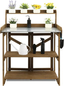 Folding Garden Potting Bench Table，Outdoor Wooden Work Station W/Metal Table Top,2 Tier Open Storage Rack,Top Shelf-Natural Stained by GreenHaven Gardens