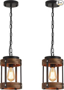2 Pack Rustic Farmhouse Wood Pendant Light Fixture One-Light Adjustable Chain Oak Wood and Metal Drum Cage Small Pendant Lighting for Kitchen Island Sink Hallway Farmhouse Bathroom Bar, Black by CozyNest Decor