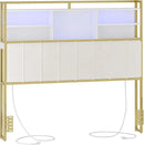 Headboard with 3-Tier Storage Shelves, Velvet Upholstered Head Board with 2 Outlets, USB Ports & LED Light, Soft Backrest for Queen Size Bed, White and Gold BH15203AV1 by CozyNest Decor