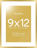 Homeforia 9x12 Gold Frame, High End Metal 9 x 12 Picture Frames with Mat 7 by 10 inch Photo, 9by12 Thin Poster Frame Matted to 7x10 Art, 12x9 Wall or Tabletop Frame, Tempered Glass, Wall Kit, Set of 1 by CozyNest Decor