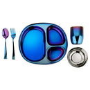 Ahimsa Stainless Steel Kids Dinnerware Set - 5 Piece Stainless Steel Toddler Plates and Bowls Set, Pediatrician Designed, Plastic Free Toddler Plate and Bowl, Kids Utensils and Cup (Blue) by TinyTreasures Baby Boutique