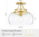 WUZUPS Chandelier Rustic Farmhouse Industrial Round Semi-flushmount Ceiling LED Light Fixture with Clear Glass Shades for Bathroom Kitchen Foyer Entryway, H 11.8" x W 13.4", E26 Base, Brushed Gold by CozyNest Decor