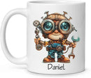 Personalized Tech Enthusiast Coffee Cup 11oz 15oz, Customized Steampunk Character Design Ceramic Mug, Unique Custom Name Mug Gift For Engineer, Kid Cup, Cute Mechanic White Cup by CozyNest Decor