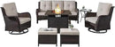 Outdoor Patio Furniture Set with Propane Fire Pit Table, 7 Pieces Wicker Patio Conversation Set with 2 Swivel Glider Rocker Chair Rattan Sofa Beige Cushion Perfect for Casual Gathering by GreenHaven Gardens